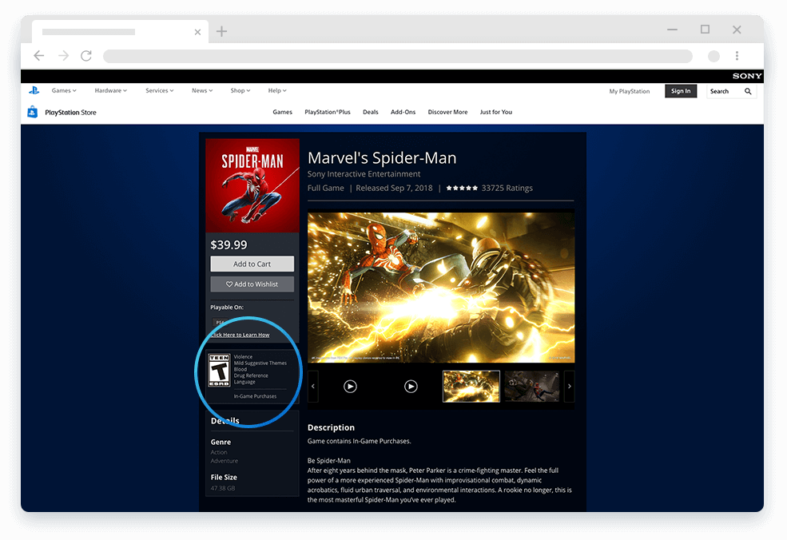 Where to find ESRB Ratings. Spider man game ads on playstation store webpage