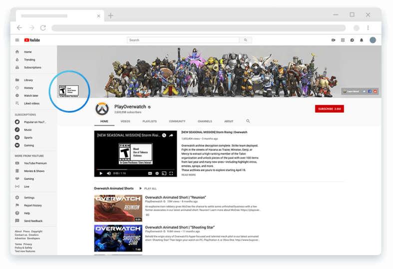 Where to find ESRB Ratings. YouTube page of playoverwatch