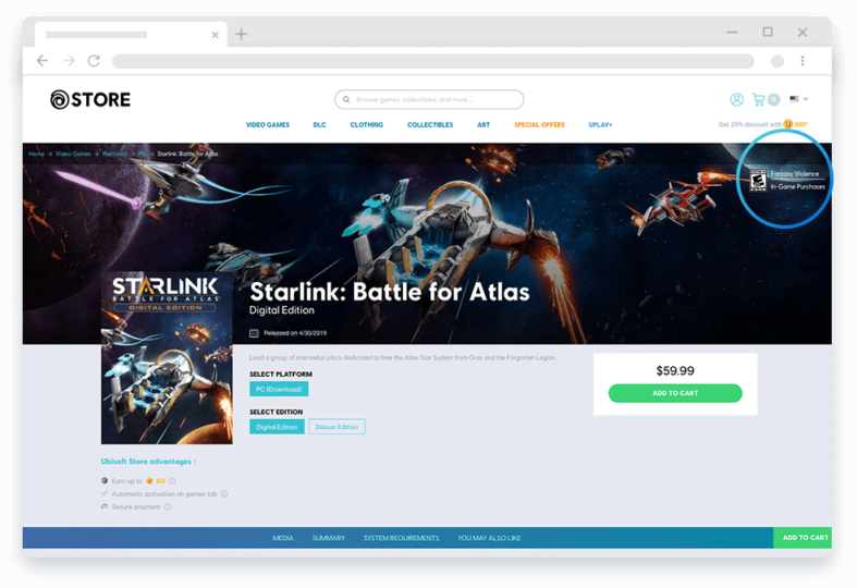 Where to find ESRB Ratings. Starlink battle for atlas ads on store webpage