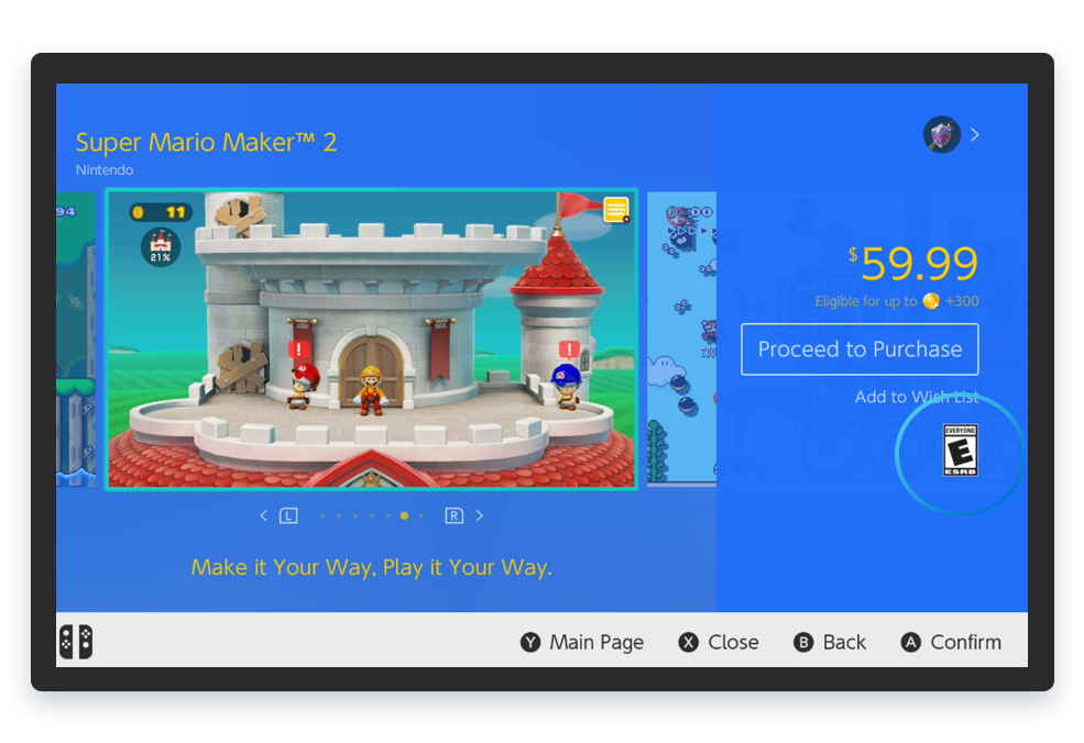 Where to find ESRB Ratings. Switch - Mario