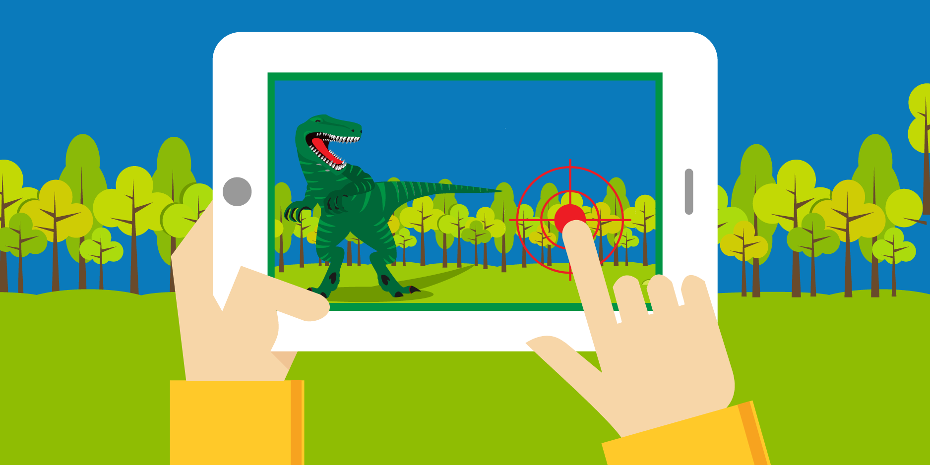 Reality 102: Understanding AR and MR. Shooting dinosaur virtual reality game graphic. ESRB post.