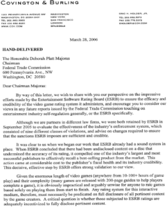 Letter from Covington and burling. ESRB blog post. March 28, 2006