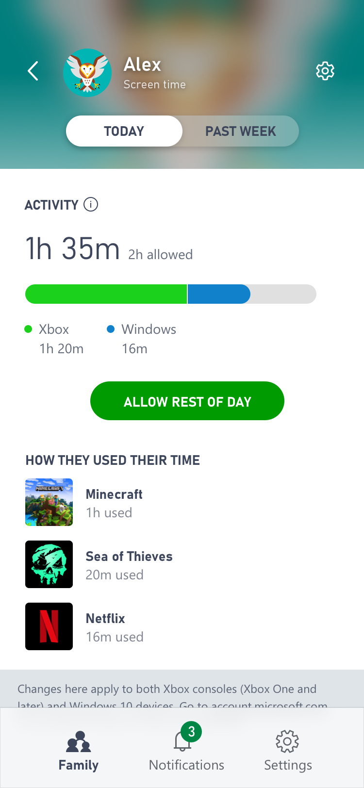 A screenshot of screen time settings on the Xbox parental controls app, showing which games can be played, when, and for how long.