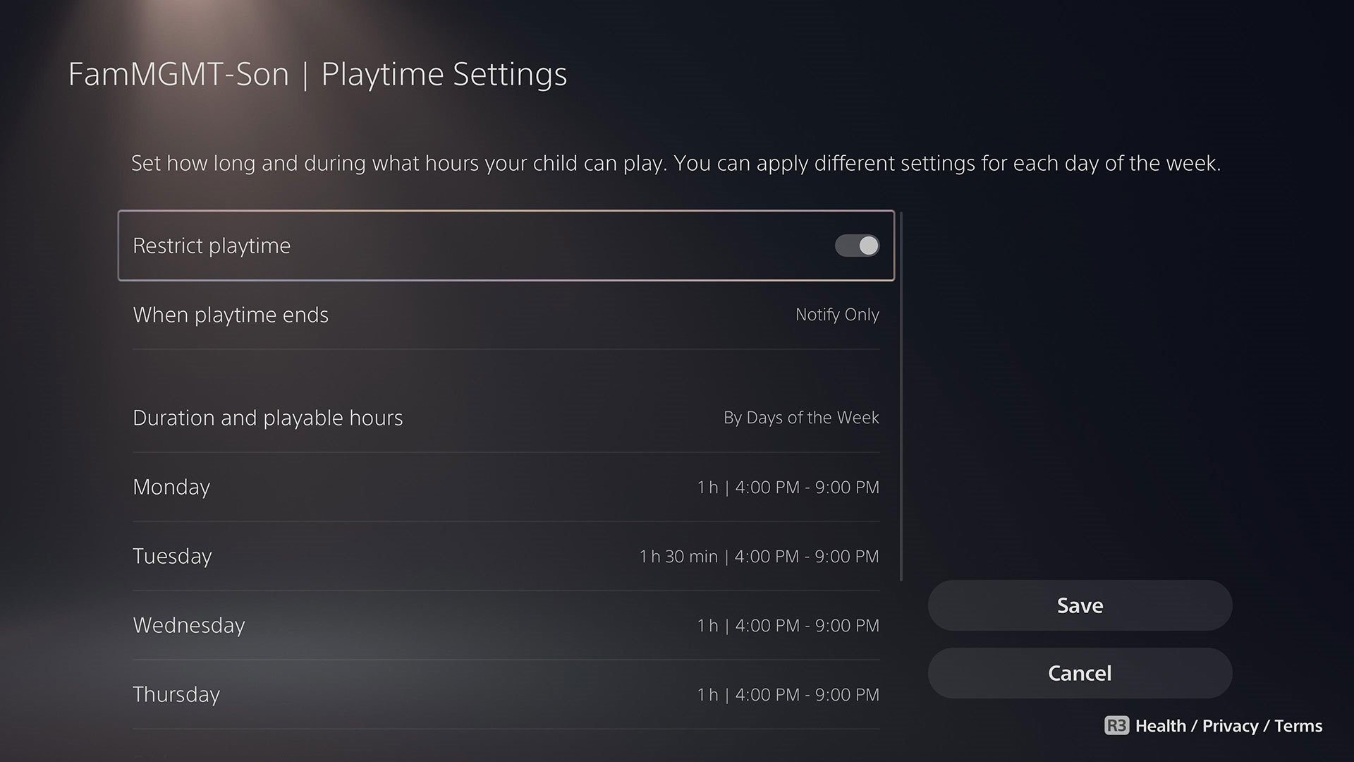 A screenshot of screen time settings on the PlayStation 5, allowing parents to set limits for every day of the week.