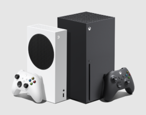 An image of the Xbox Series S|X. The Xbox Series S is on the left, a small white pillar. Meanwhile, the Xbox Series X is on the right, a larger black pillar.