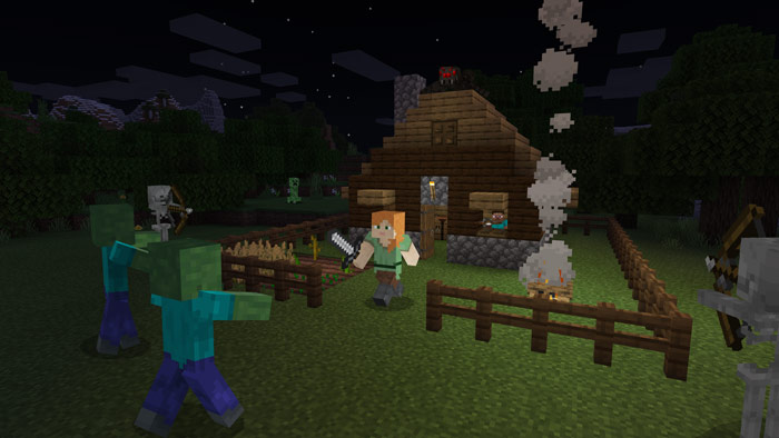 A player in Minecraft defends their humble cabin from zombies at night.