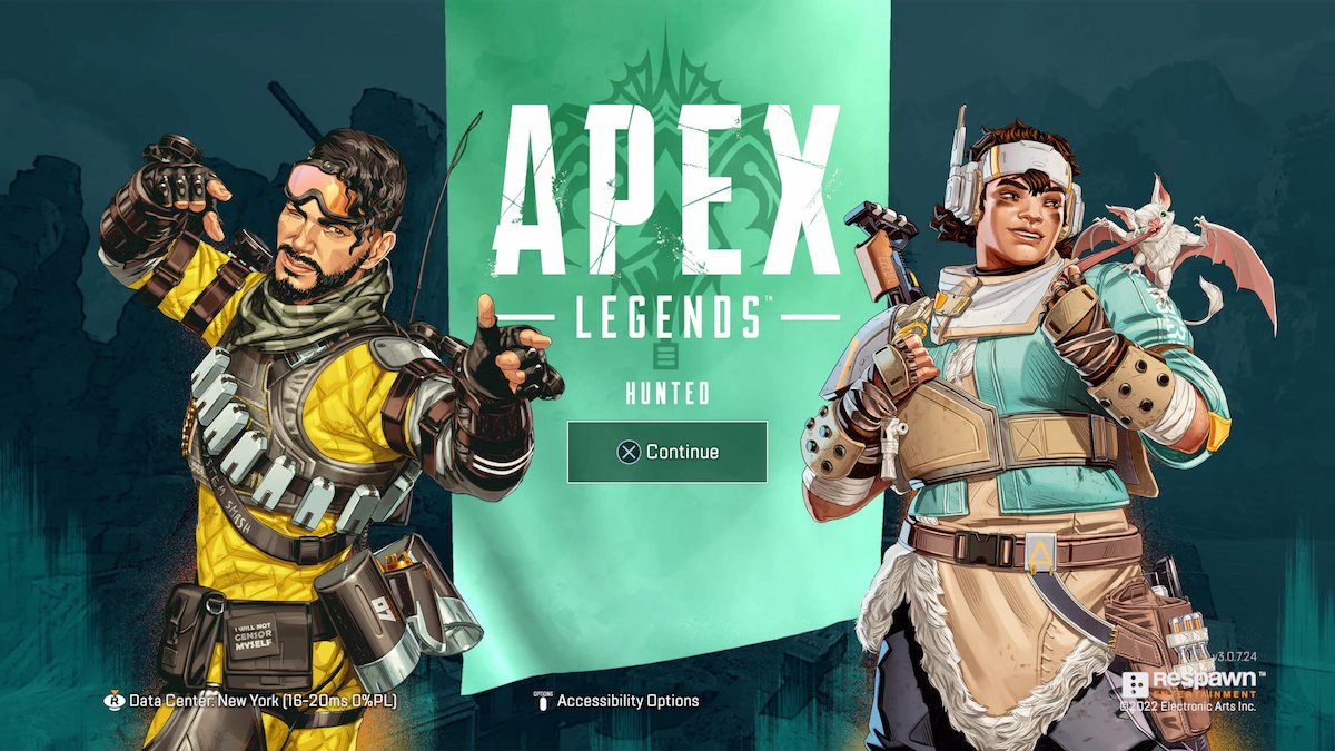 Apex Legends start screen featuring two playable "Legends"