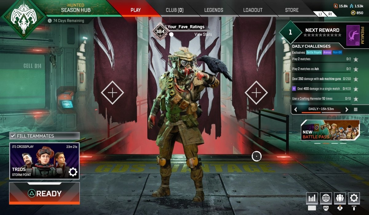 Pre-game hub in Apex Legends giving the player options to start a game, change their Legend, edit their loadout, and visit the in-game store. 