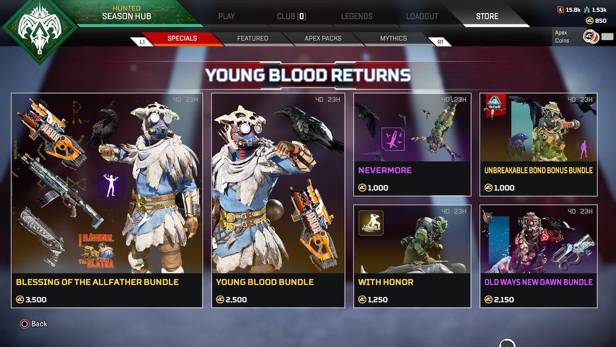 An image of the in-game store in Apex Legends featuring cosmetic items and bundles available for purchase with in-game currencies.