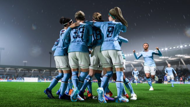 Players from FIFA 23's Women's Club huddling on the pitch