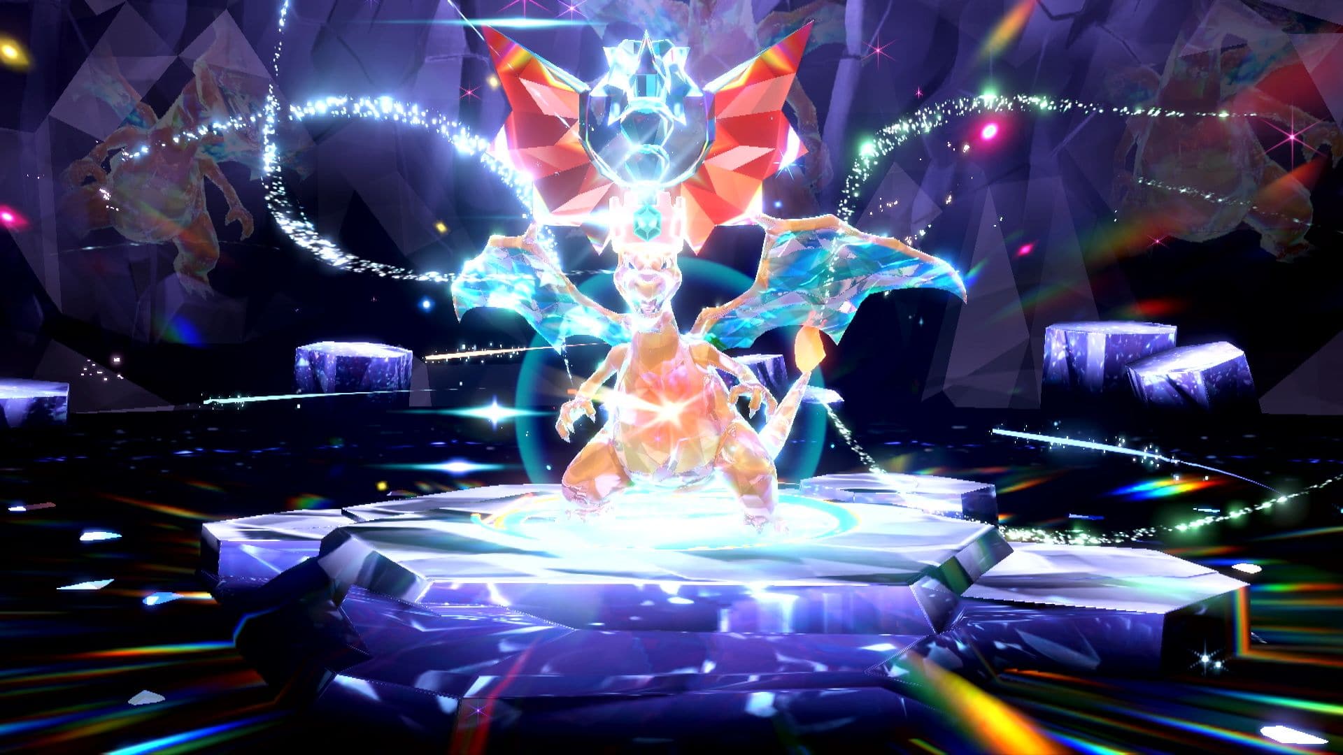 An image of Charizard (a bipedal orange dragon with wings and a flame at the tip of its tail) in a raid Terastalizing. The transformation surrounds Charizard with a crystalline shell and includes a crown on its head with red wings attached.