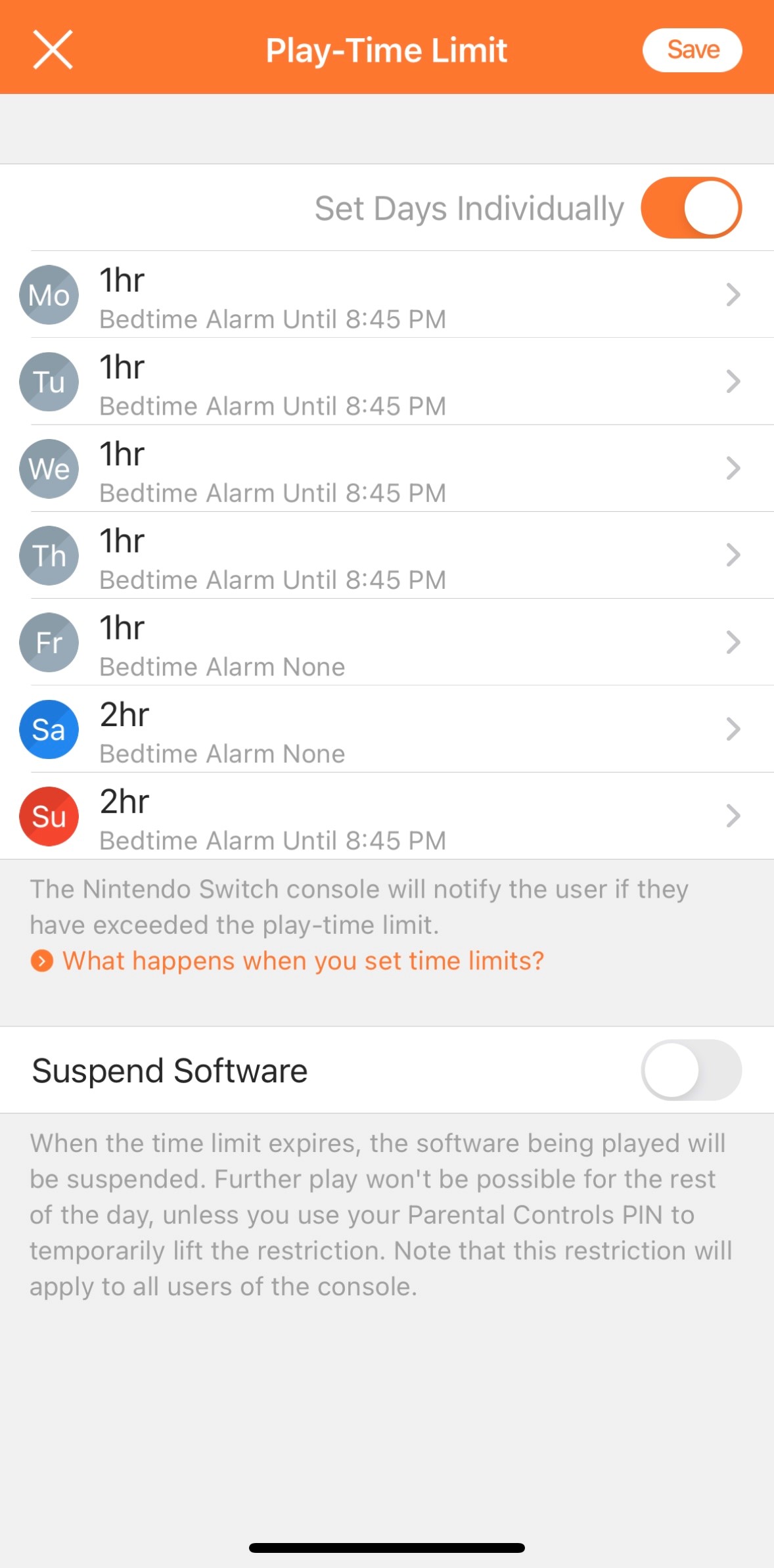 A screenshot of the Nintendo Switch Parental Controls App that shows how parents can set screen time limits for every day of the week.