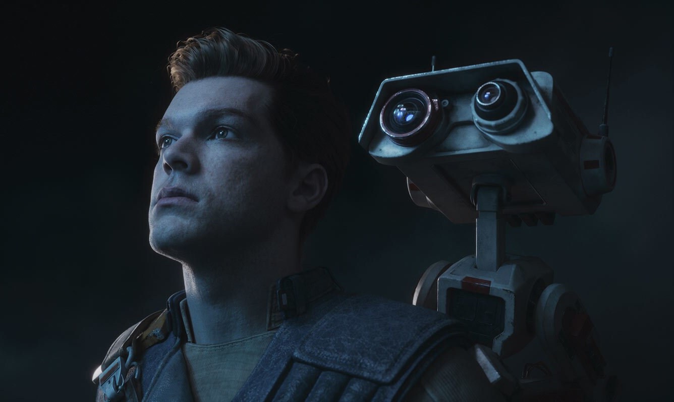 Cal stares off into the distance with a black background. On his shoulder is BD-1, his small bipedal droid and friend.