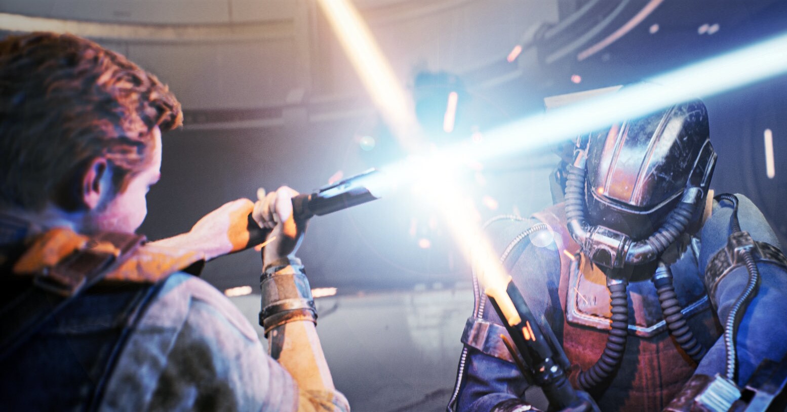 Cal locking lightsabers with a masked enemy. Cal holds a blue lightsaber in both hands, parrying the enemy's orange lightsaber.