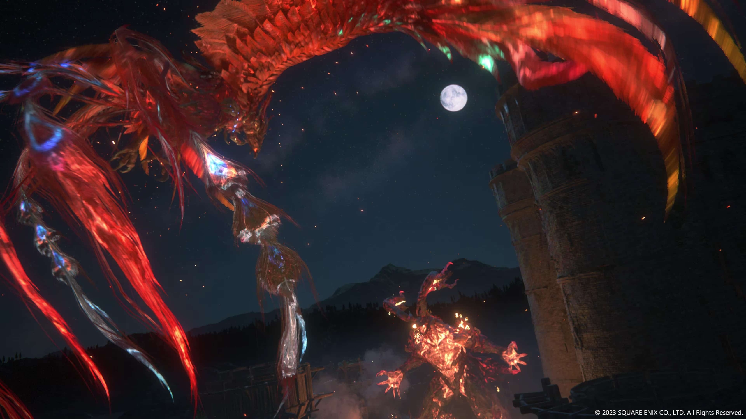 Two massive beasts battle around a castle at nighttime. One looks like a phoenix, flying with wings stretched out. The other Eikin looks like a horned bipedal dog-like beast, draped in fire. 