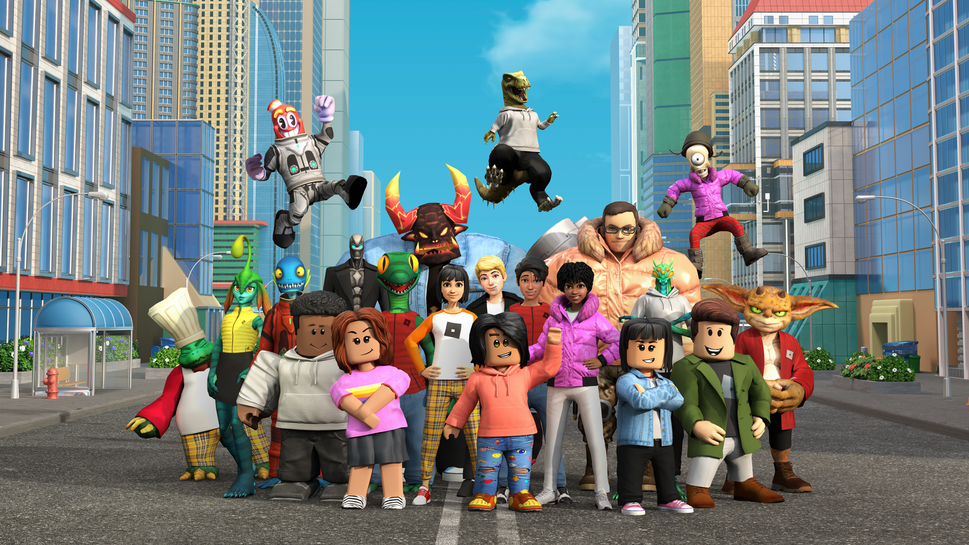 Many different Roblox-created characters are happily standing on a city street, with blue skies in the background and large buildings on either side. In addition to cartoony humanoids of all shapes and sizes, there is a robot, a dinosaur in a hoodie, and more colorful characters.