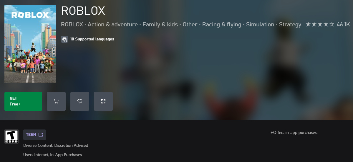 Store listing for Roblox on the Xbox Platforms. the image has the title, and rating information stating that the game is rated T for Teen, with Content Descriptors for Diverse Content: Discretion Advised, and Interactive Elements including Users Interact and In-App Purchases.
