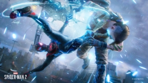 Miles Morales' Spider-Man stands on one hand while whipping his electricity-infused leg into one of Kraven's henchmen. In the distance other enemies can be seen advancing on Spider-Man.