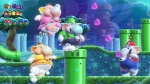 Mario, Luigi, Princess Peach and Daisy are in a side-scrolling level, all appearing as elephants. The elephants wear the clothing of their correspondinch character against a whimisical background that includes green warp pipes with eyes.