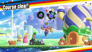 Mario, Luigi, Peach and a Yellow Toad all celebrate at the end of a level in Super mario Bros. Wonder. Mario is front and center, jumping while holding a Wonder Seed as his tram cheers him on. A house shaped like a flower bud is to the right of Mario, while the words "Course Clear!" fly in the upper left hand corner.