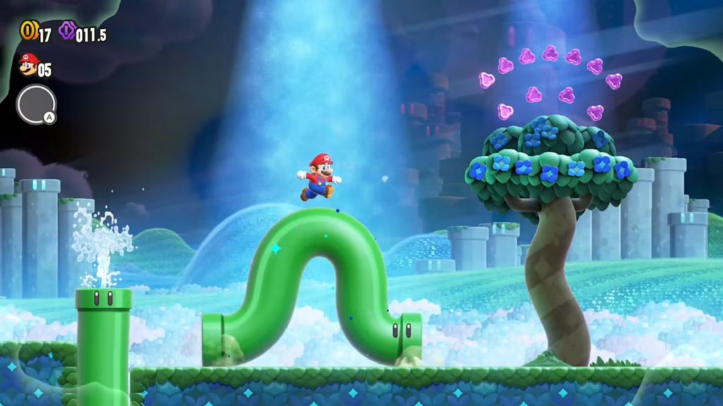 Mario is running on top of a green warp pipe that has seemingly jumped out of the ground and wiggling around like a worm. 