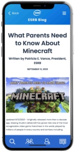 An image of the eSRB blog page as it appears on the ESRB Mobile App. This image shows the blog, What Parents Need to Know About Minecraft