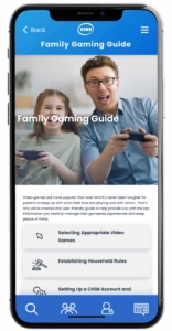 ESRB's family Gaming Guide is shown as it appears on the new ESRB App. In this screenshot you can see the top of the page, including the title, as well as some other content, including sections that link to tips about selecting appropriate video games, establishing household rules, and setting up a child account for video game devices.
