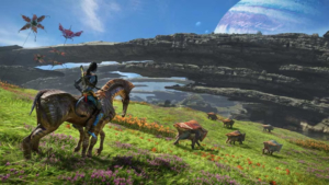 A Na'vi (a blue bipedal alien) sits on a horse-like creatures with six legs. They stand on a hill overlooking a vast landscape, including fields, blue skies dotten with rock structures in the shape of arcs, and other buffalo-like animals grazing.