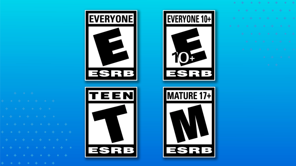 Four of ESRB's Rating Categories appear on a blue background. These include E for Everyone (top left), E10+ for Everyone 10+ (top right), T for Teen (bottom left), Me for Mature (bottom right).