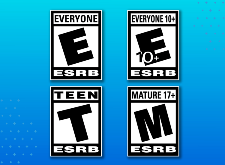 Four of ESRB's Rating Categories appear on a blue background. These include E for Everyone (top left), E10+ for Everyone 10+ (top right), T for Teen (bottom left), Me for Mature (bottom right).