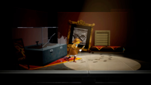 Princess Peach, wearing a brown detective costume a la Sherlock Holms, searches for clues in a dark theater lobby. She holds a magnifying glass and is following sooty footprints. 
