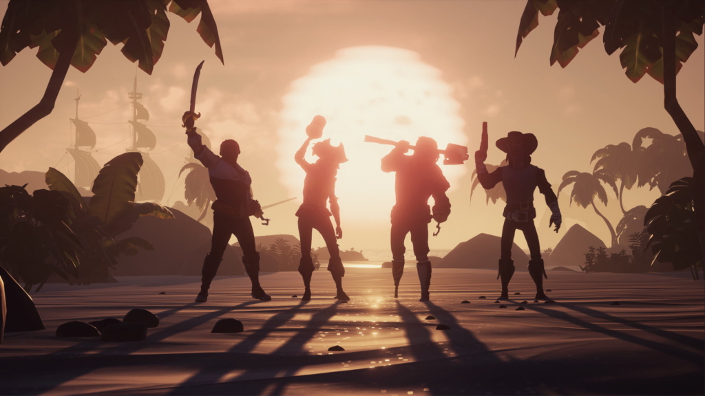 Four pirates stand on a dock, silhouetted the golden sun setting behind them.