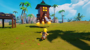 A LEGO minifig runs in a field in LEGO Fortnite. Meanwhile, a structure - presumably built by the player - is descending onto the field with rockets.