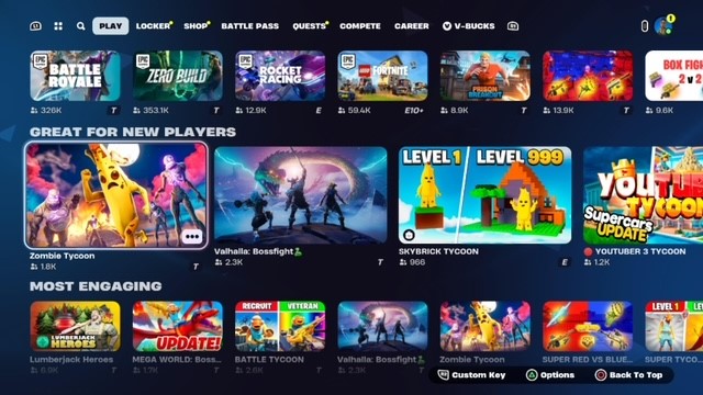 An image of the Fortnite platform storefront. There are several rows of different experiences to play.