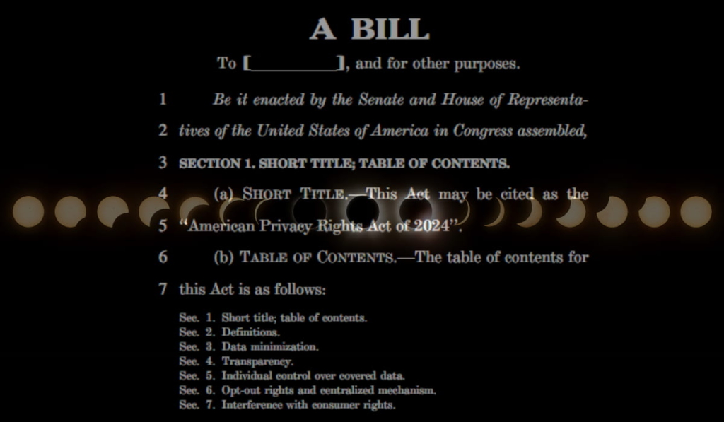 The first page of the American Privacy Rights Act (APRA) discussion draft overlaid on the phases of the lunar eclipse