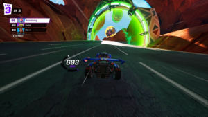 A go kart-like vehicle races on a track toward a green ring in Rocket Racing.