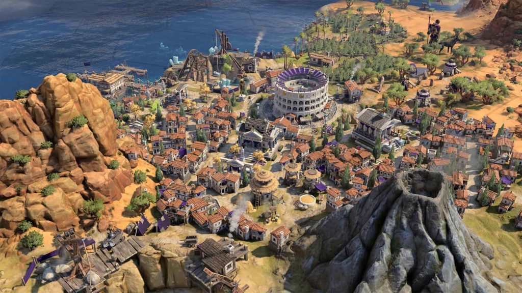 A roman looking city built at the edge on a sea in Civilization VII.
