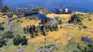A battle in Civilization VII. There are troops (knights, cavalry, etc.) squaring off in a field.
