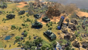Tanks and planes roaming through a map in Civilization VII's Modern Age.