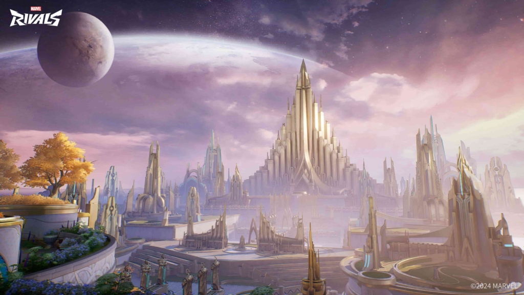 a screenshot of Asgard in Marvel Rivals. In the distance is a castle-like construct. It is massive, gold, and alien like. It looks lik eit is made of dozens of gold pillars - the tallest one in the middle and descending on either side. In the foreground is a landscape with ornate statues, small pars dotted with greenery, and winding paths.