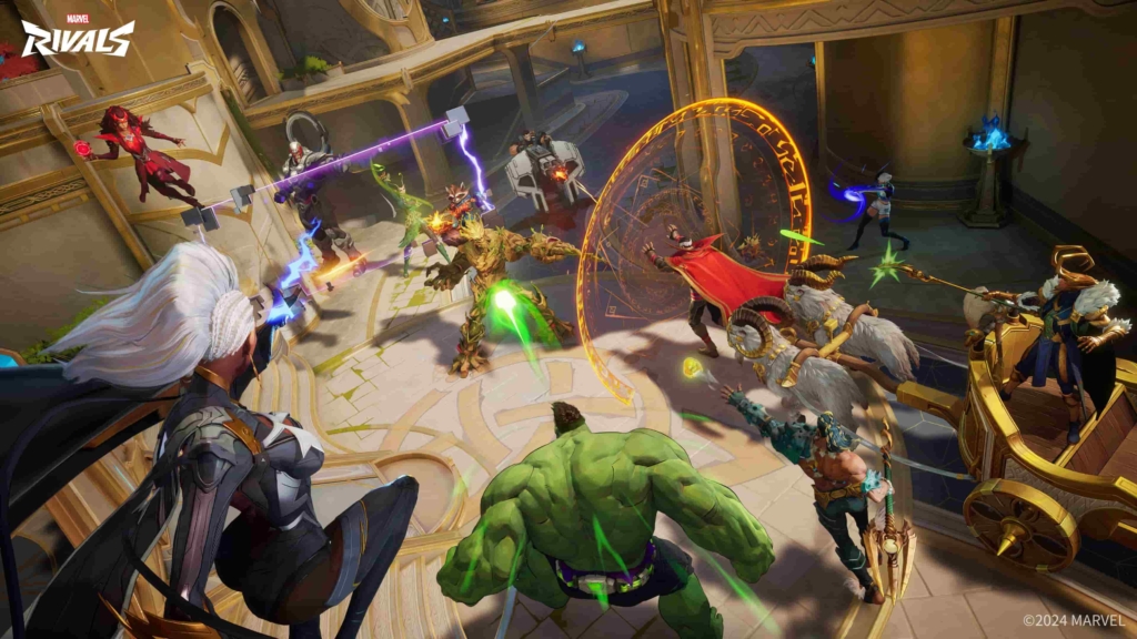 A group of Marvel heroes and villains are seen in a chaotic battle in Marvel Rivals. This includes (from left to right), Scarlet Witch, Storm, Magneto, Mantis, Rocket Racoon, Groot, Hulk, Punisher, Doctor Strange, Namor, Loki, and Luna Snow.
