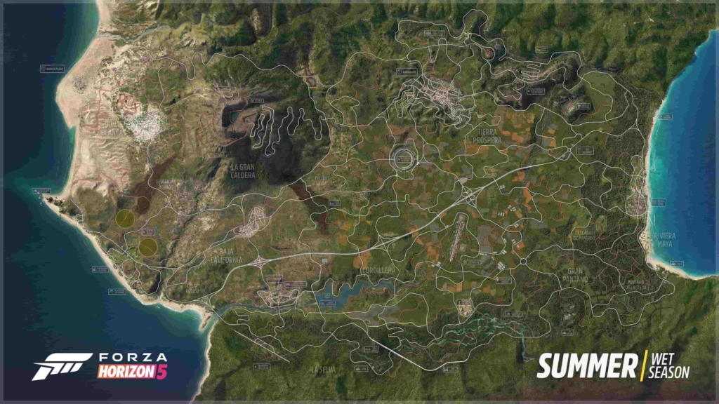 Forza Horizon 5's enormous map. This features layouts of the roads and tracks in the game over the peaks and valleys of Mexico. In the bottom right corner it reads "Summer: Wet Season" indicating some potential road conditions for the in-game season. 