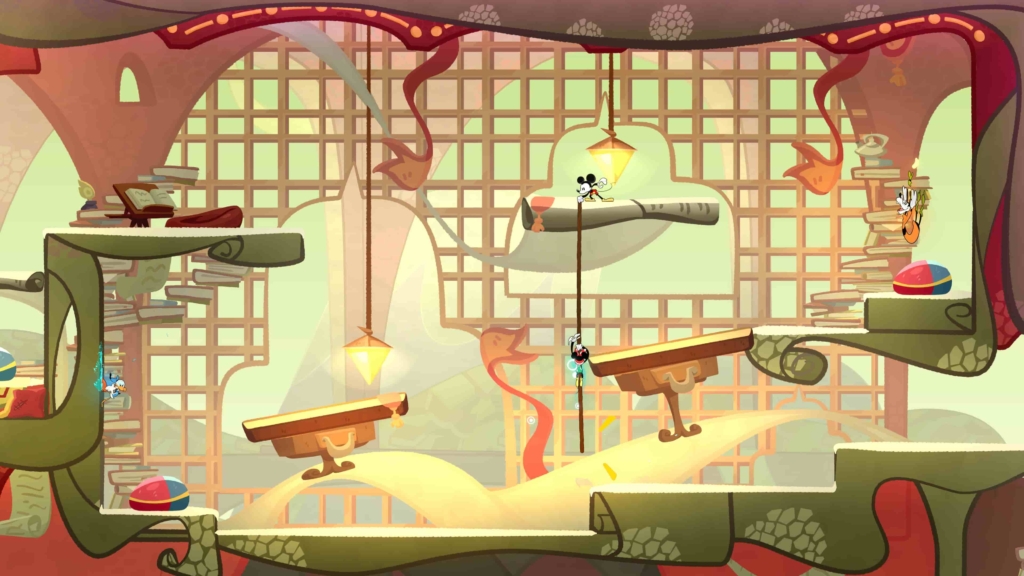 Gameplay of Disney Illusion Island Starring Mickey & Friends. From left to right: Donald Duck is on a wall preparing to jump. Mickey is holding a rope to help Minnie (who is climbing the rope) get to a higher platform. Goofy is jumping on a beanbag chair-looking thing. 