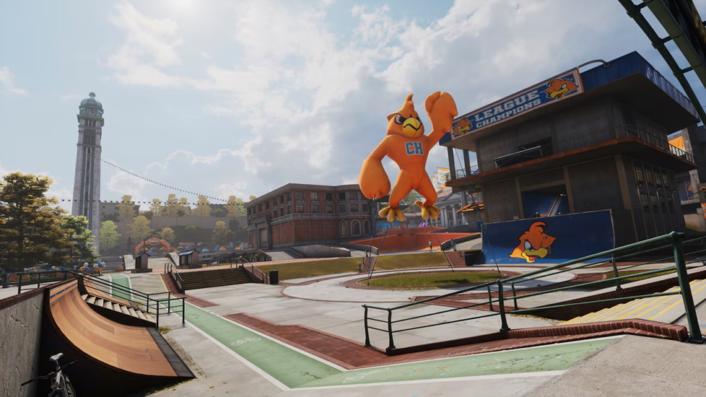 The "College" level in Tony Hawk’s Pro Skater 3+4. The image features a giant inflatable bird as in the center, depicting the university's mascot. Around the bird are quarter pipes and rails on which the player can grind. Further in the distance is a clock tower.
