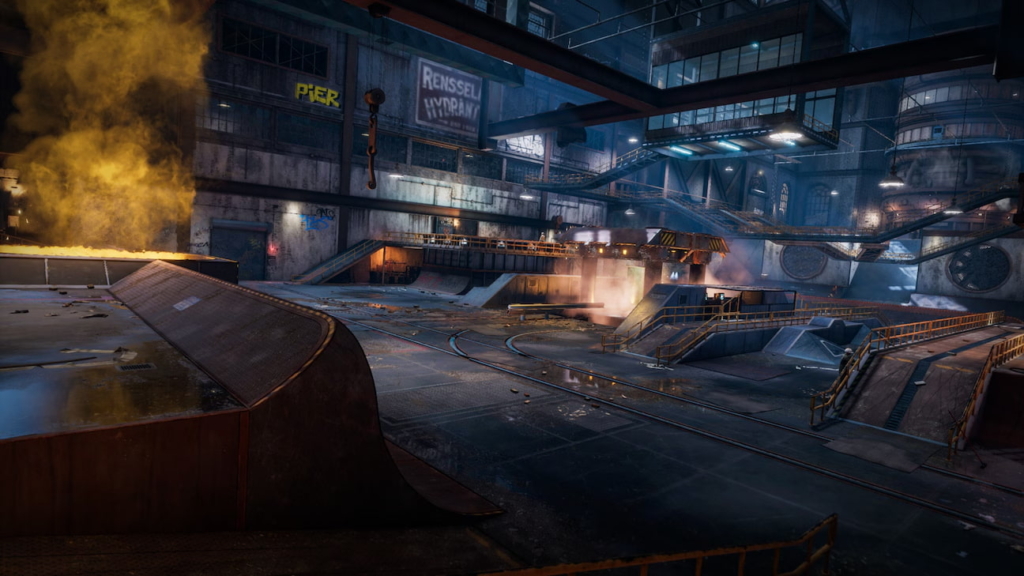 The "Foundry" level in Tony Hawk’s Pro Skater 3+4. The industrial level features a flaming forge and what looks like a hydraulic press on which the player can do tricks. Around the environment are many ramps and railings.