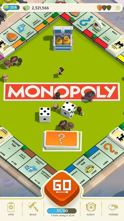 A board in Monopoly Go!. The board looks like a classic Monopoly board, complete with dice rolling in the center.