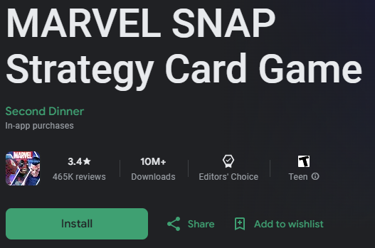 The Marvel SNAP listing on the Google Play Store. It displays the title as well as the rating information: T for Teen.