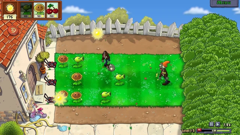 An early level in Plants vs. Zombies: Replanted. One zombie has been defeated and a second zombie with a traffic cone on its head has emerged from the right side of the garden. Plants are strategically placed around the garden to stop the zombies. 