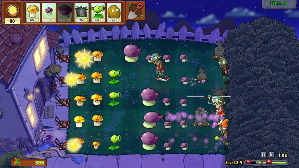 A night time level in Plants Vs. Zombies: Replanted. Zombies in track garb (with javelins) emerge from the hedges on the right side of the garden. Meanwhile, a gauntlet of purple mushrooms are placed arounf the garden to slow and defeat the incoming zombie attackers.