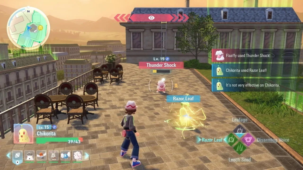 A Chikorita battles a Flaaffy on a Lumiose City rooftop. Chikorita - the trainer's Pokémon - prepares to use Razor Leaf as the wild Flaaffy uses Thundershock.